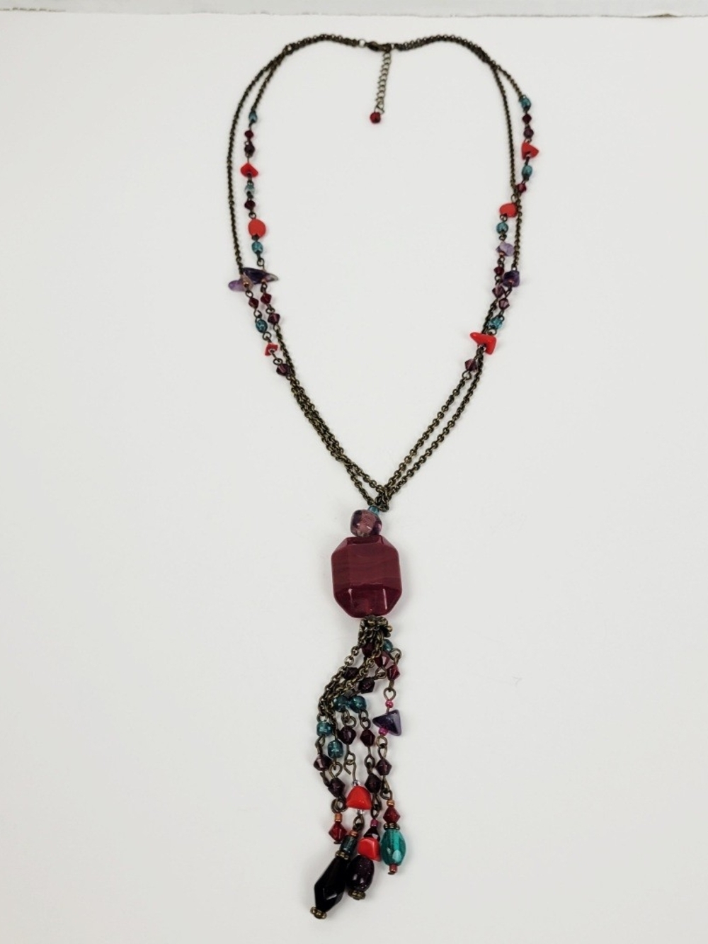 Vtg 90s~Double Stranded Beaded Chain Necklace~Pendant~Tassle~Faux Gemstone~25.5"